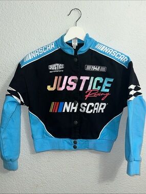 Justice‎ Girls Blue Black Nascar Denim Jacket Motorsports Racing Jacket Small